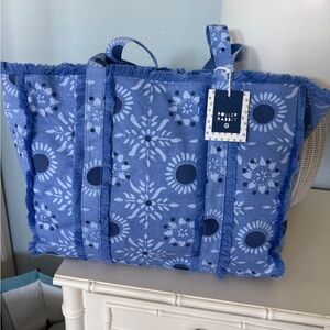 Roller Rabbit Chambray Blue Floral Fringe Tote